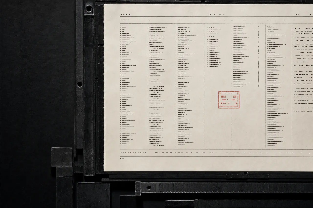 A cream manifest isolated within a red proof mark on a black letterpress bed.